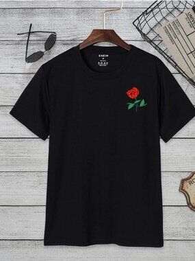 Y2K Soft Mens Tattoo Long Stem Rose T-Shirt Normcore Casual